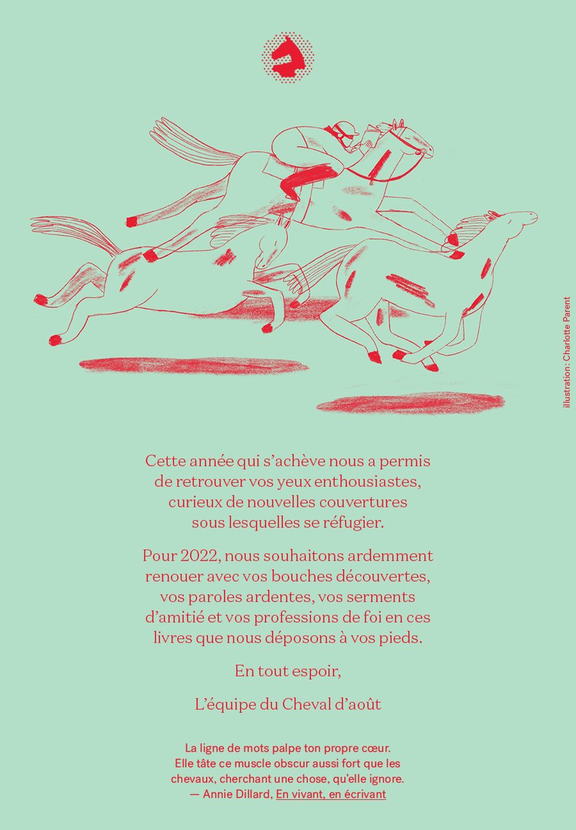 L’équipe du Cheval d’août vous fait ses vœux d’amour et d’amitié, de partage et de communion. Joyeuses fêtes et bonne et heureuse année 2022!