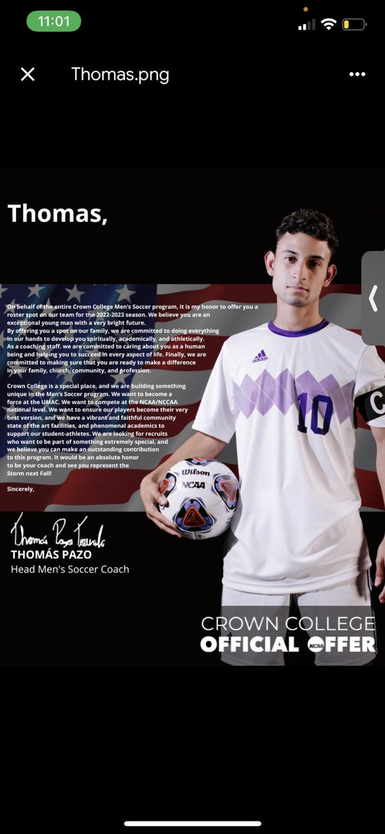 thomasibravo's tweet photo. Blessed and excited to have say that I received my second offer to play college soccer at Crown College a division 3 program located in Minnesota. @CrownMSOC @thomaspazo https://t.co/jQ04f1GHCB