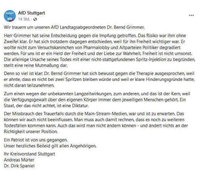 HollsteinM's tweet photo. Ich bin mir ziemlich sicher, dass Bernd Grimmer - erneut vor der Frage, ob er mit einer Impfung die Chancen deutlich erhöht, länger zu leben - sich für die Impfung entschieden hätte. Traurig, dass die AfD ihre faktenfreie Ideologie über Menschenleben stellt. https://t.co/Y9FjSzjGaf