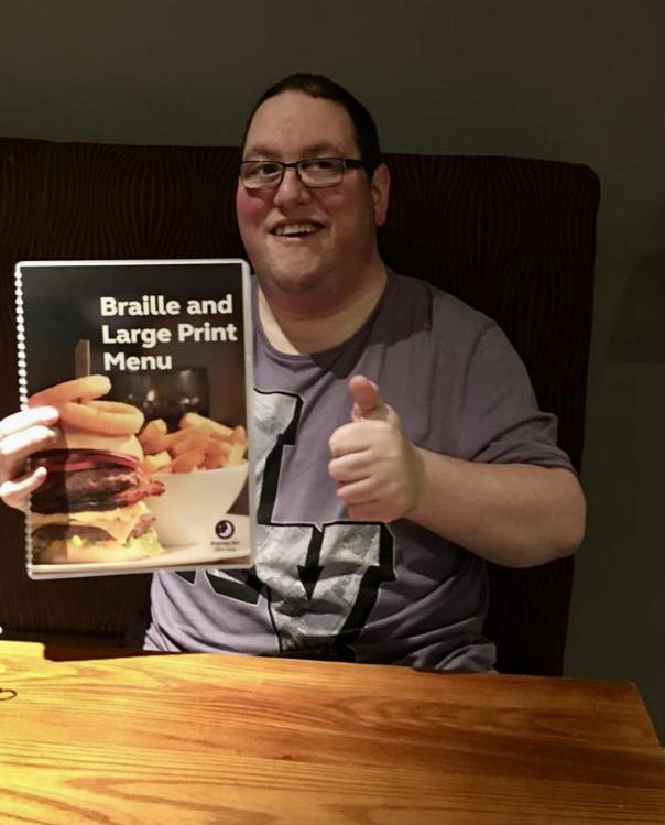 Many thanks to Rob @premierinn at #Newcastle Airport for letting me know of their braille and large font menu. First time I was able to read a food / drink menu. I have never come across a large menu anywhere. All Premier Inn’s apparently have them. @NorthEastTweets