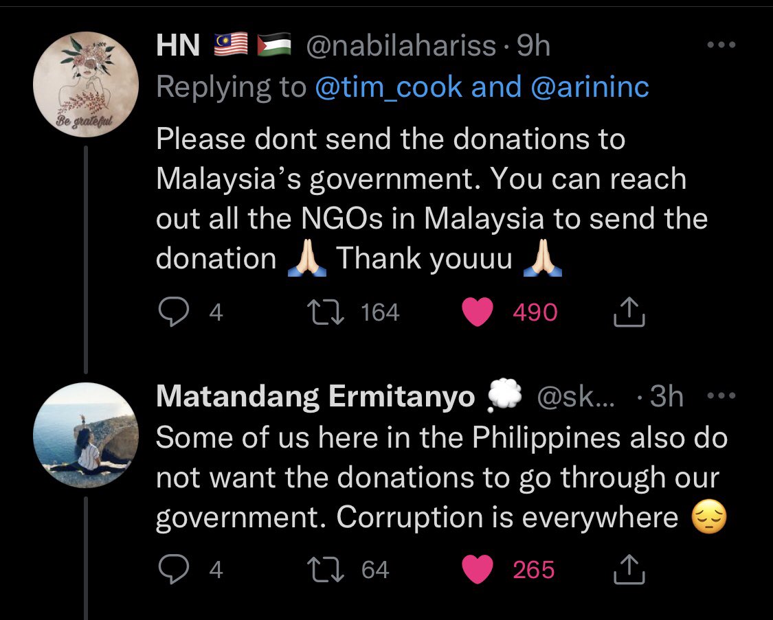 Apple nak menyumbang kepada Malaysia dan Philippines untuk mengurangkan beban kesan banjir dan typhoon.

🇲🇾 Malaysia 🤝 Philippines 🇵🇭 
DO NOT WANT THE DONATIONS TO GO THROUGH THE GOVERNMENT.