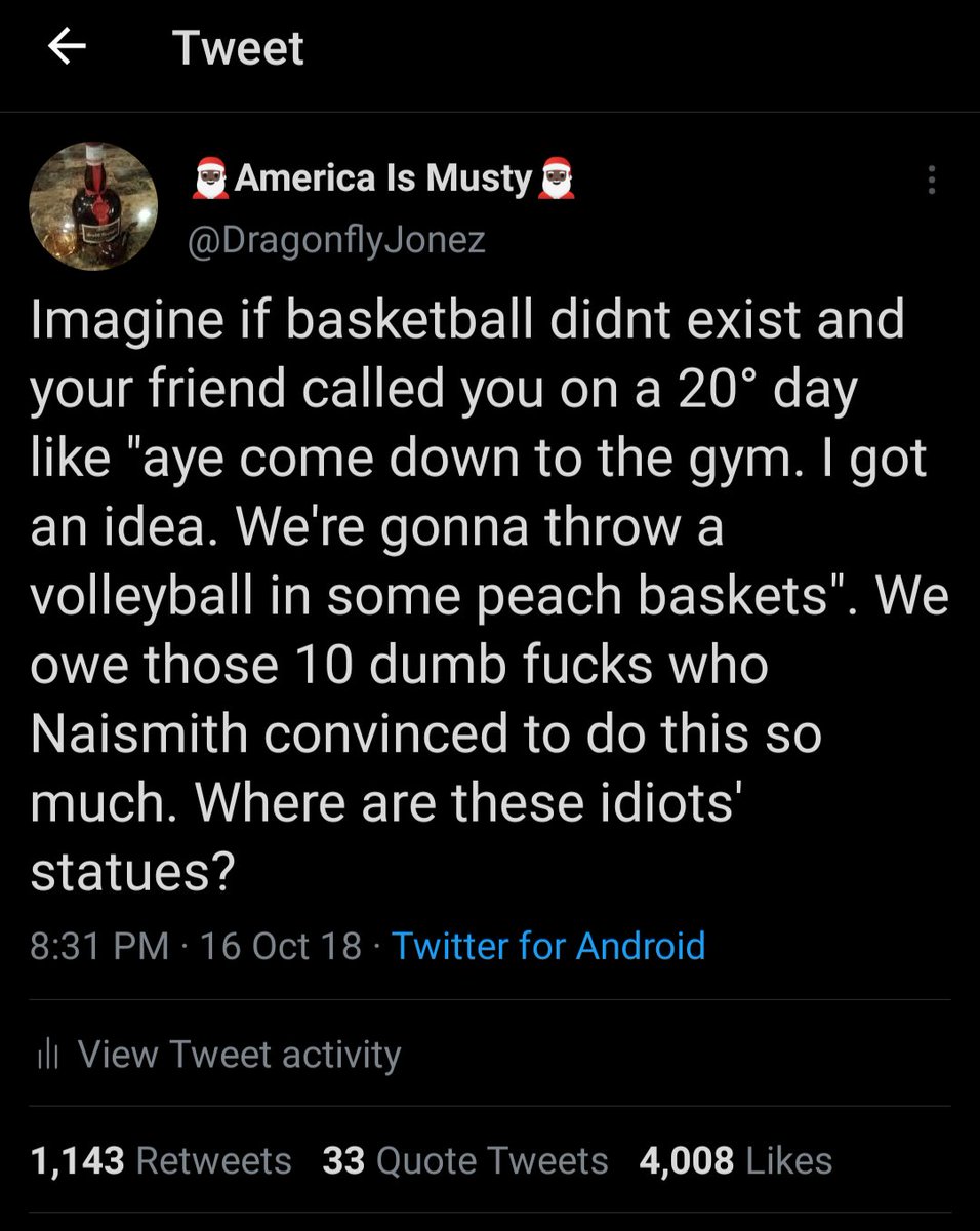 DragonflyJonez's tweet photo. Naismith is a reminder that every visionary needs an army of idiots behind them to get things rolling. Today we celebrate Naismith but let's also celebrate the dumb fucks who were behind him and carried out his vision. https://t.co/QuH3m7KQHA