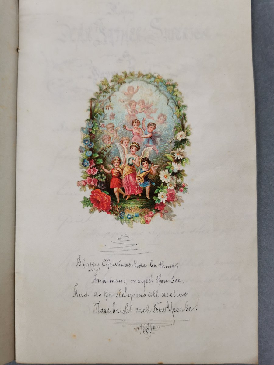BC_archives's tweet photo. I found this seasonally appropriate gem by chance as I tidy up for the Christmas break. Addressed to the Father Superior 'with M. O'Brien's compliments', it is a 6-page booklet written with a beautiful hand in 1880. The cherub-filled 'lift the flap' card is gorgeous. https://t.co/uAyxeQt7SL