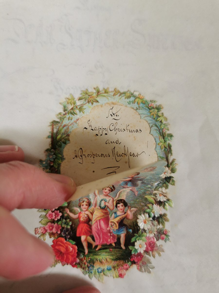 BC_archives's tweet photo. I found this seasonally appropriate gem by chance as I tidy up for the Christmas break. Addressed to the Father Superior 'with M. O'Brien's compliments', it is a 6-page booklet written with a beautiful hand in 1880. The cherub-filled 'lift the flap' card is gorgeous. https://t.co/uAyxeQt7SL