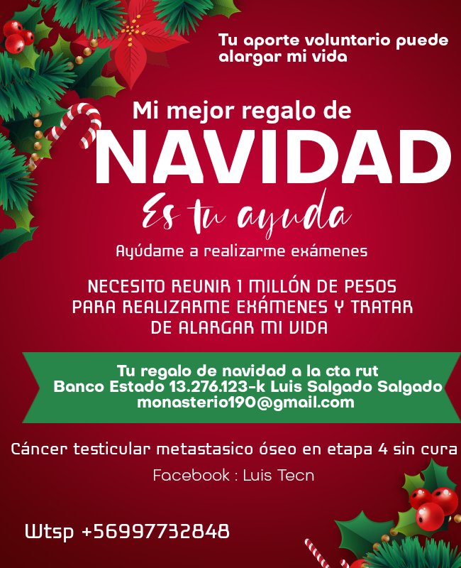 LuisSal16853285's tweet photo. Mi mejor regalo para esta navidad, seria estar más tiempo con ustedes, pero no tengo los recursos como muchos enf terminales, me rechazaron el retiro de fondos por enf terminal ya q debo tener una metástasis más 🤦♂️ he rogado por ayuda sin resultados #rifas #nomascancer #chile 🥰 https://t.co/ylk4frhinM