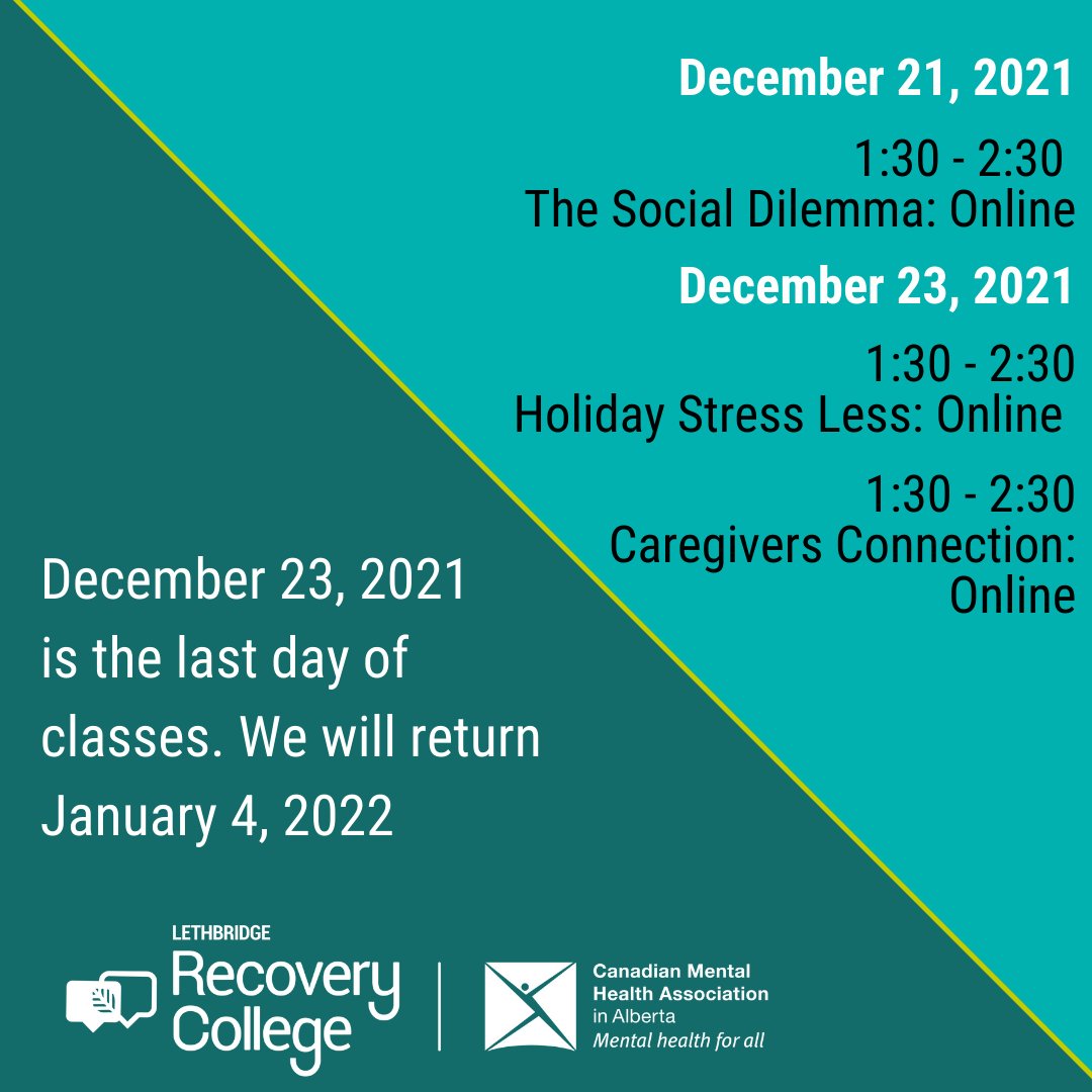 We'll be away for the holidays! Take some time to relax and recharge. You can check out upcoming courses by visiting our website (link in bio)!

#recoverycollegelethbridge #mentalhealth #lethbridge #yql