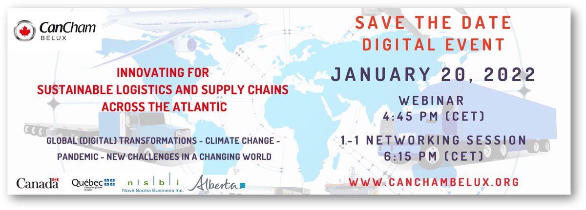 SAVE THE DATE January 20, 2022
 #Innovating together for #sustainable #logistics and #supplychains  across the Atlantic!

Don’t miss this excellent opportunity to network with our  panelists, partners and guests from 🇨🇦🇧🇪 🇱🇺 🇳🇱 
Registrations on  canchambelux.org