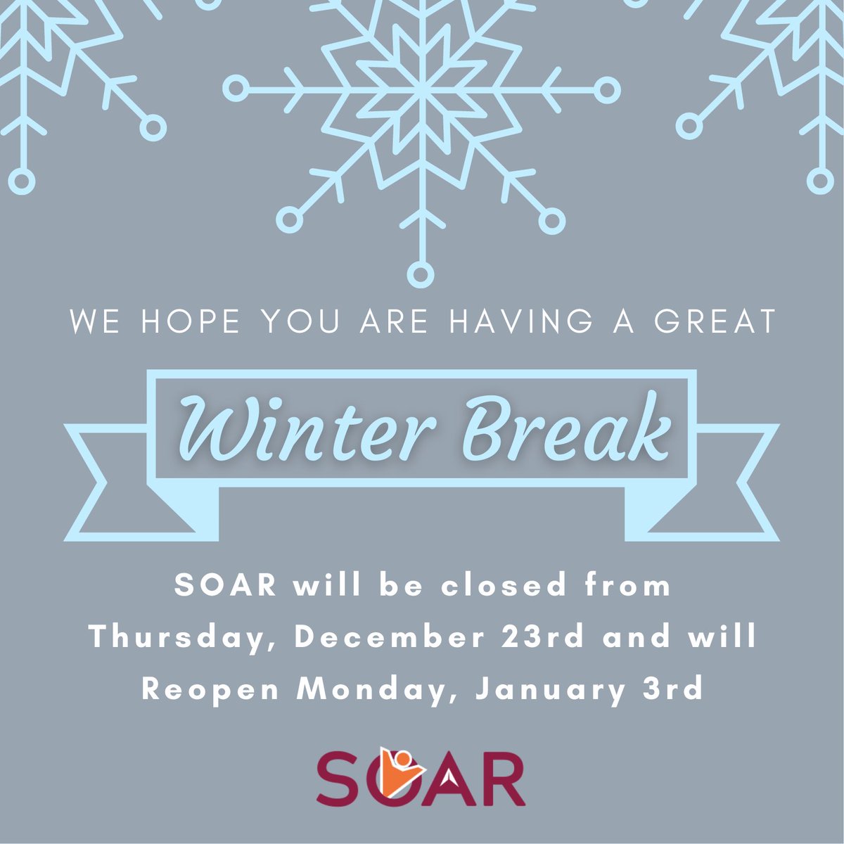 Wishing everyone a wonderful winter break!

SOAR will be closed December 23rd and will reopen on January 3rd.

Stay Safe and Happy Holidays!

❄️☃️🌨 #winterbreak2021 #VTsoar #SOARatVT