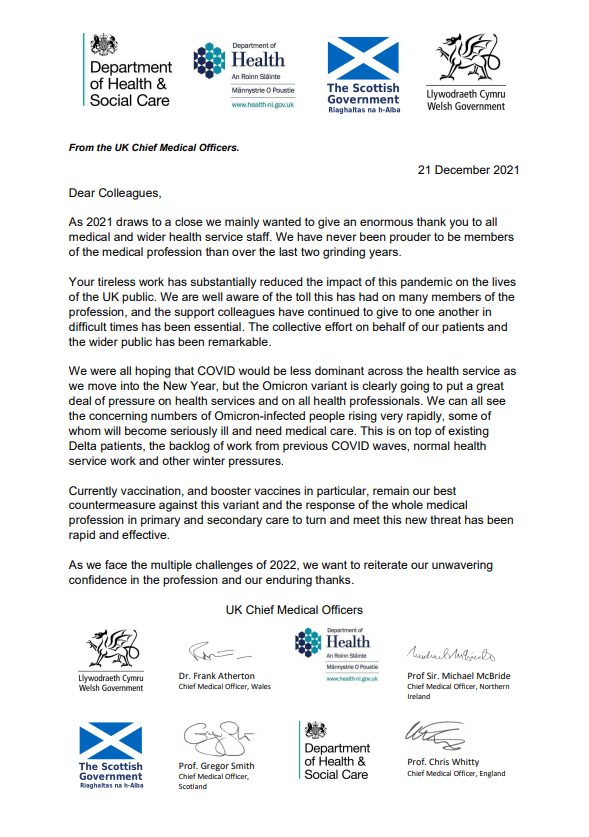 After a very difficult year for the health system, the UK CMOs want to express our enduring thanks to, and great pride in, the health professions across the country. 

We face yet more hard weeks ahead. Look out for one another as we continue to care for the public.