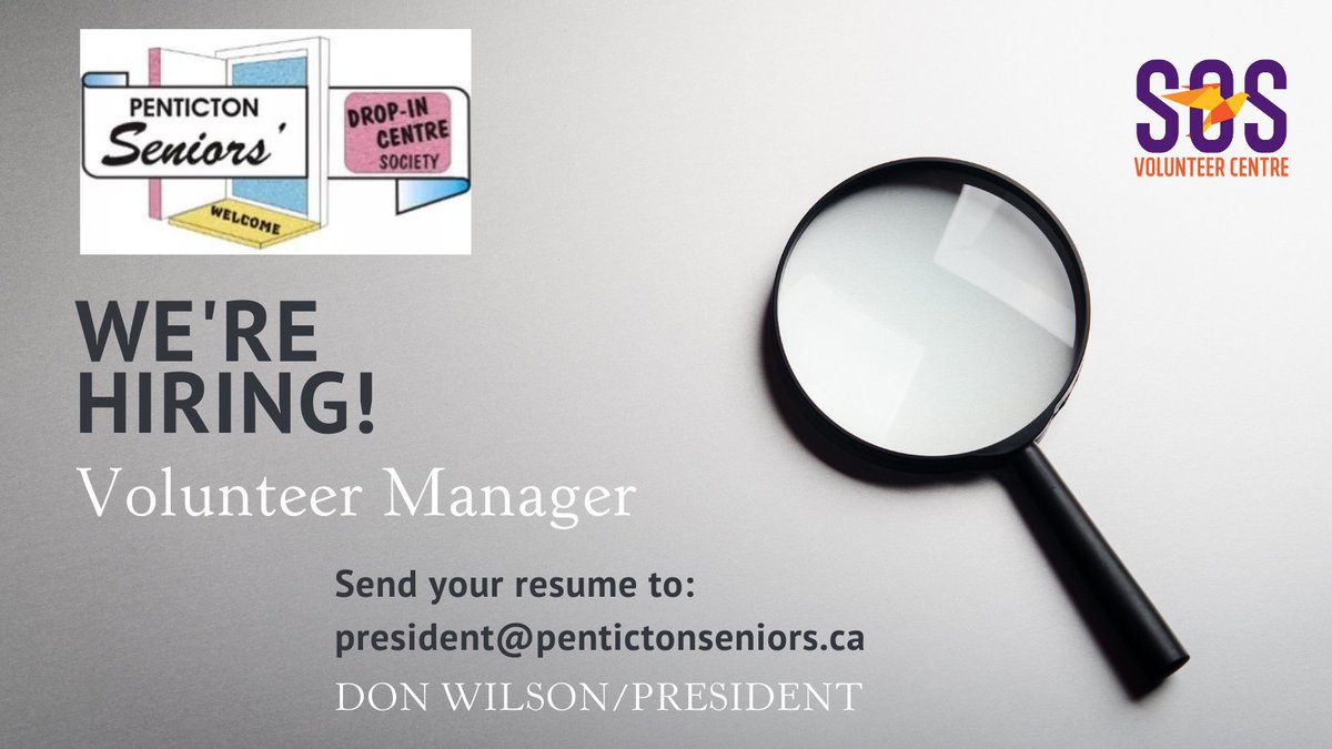 SOSVC1's tweet image. The Penticton Seniors' Drop-in Centre is seeking a Volunteer Manager. Visit our Facebook or Instagram account for more information.

#SOSVolunteerCentre #SouthOkanagan
