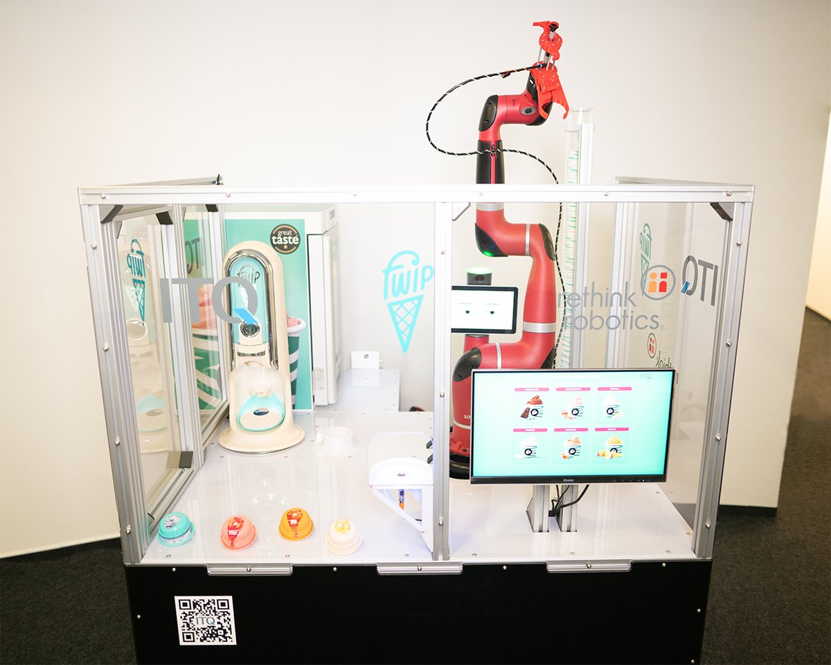 With our latest <a href="/fwipclub/">fwipclub</a> Ice Demonstrator, we have made the principle of fwip's ice cream machine completely autonomous 

Within 3 months, our working student Leon has used the Sawyer Robot from <a href="/RethinkRobotsDE/">Rethink Robotics DE</a>  to simulate a human arm in operation