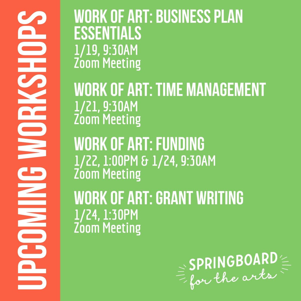 SpringboardArts's tweet photo. Coming in January, Springboard for the Arts is offering our longstanding Work of Art: Business Skills for Artists as an accelerated virtual series on Zoom during the 2022 J-Term! Explore the full schedule and register at https://t.co/Zdx686FeVT #CreativePeoplePower https://t.co/k2u9cefUhE