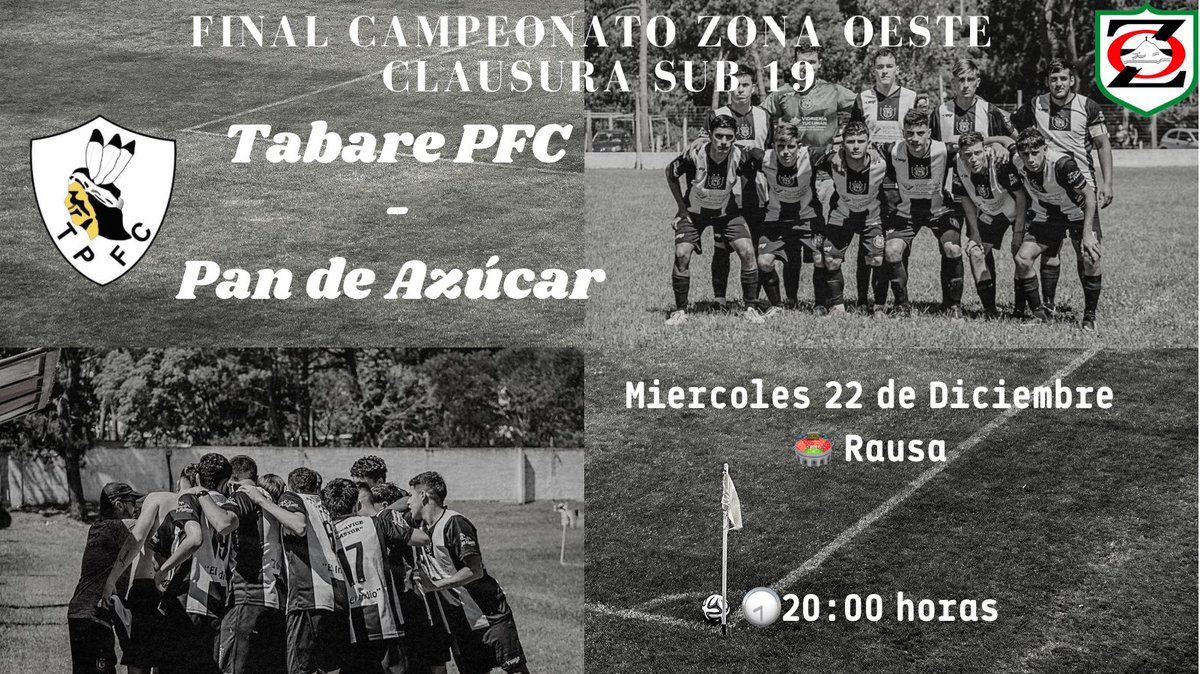 Mañana!! 
Formativas sub 19⚫️⚪️
Por la final del campeonato clausura enfrentamos a pan de azúcar en Rausa!!

Los esperamos para acompañar a los gurises del club 👊🏼

#TabarePFC #CampeonatoZonaOeste