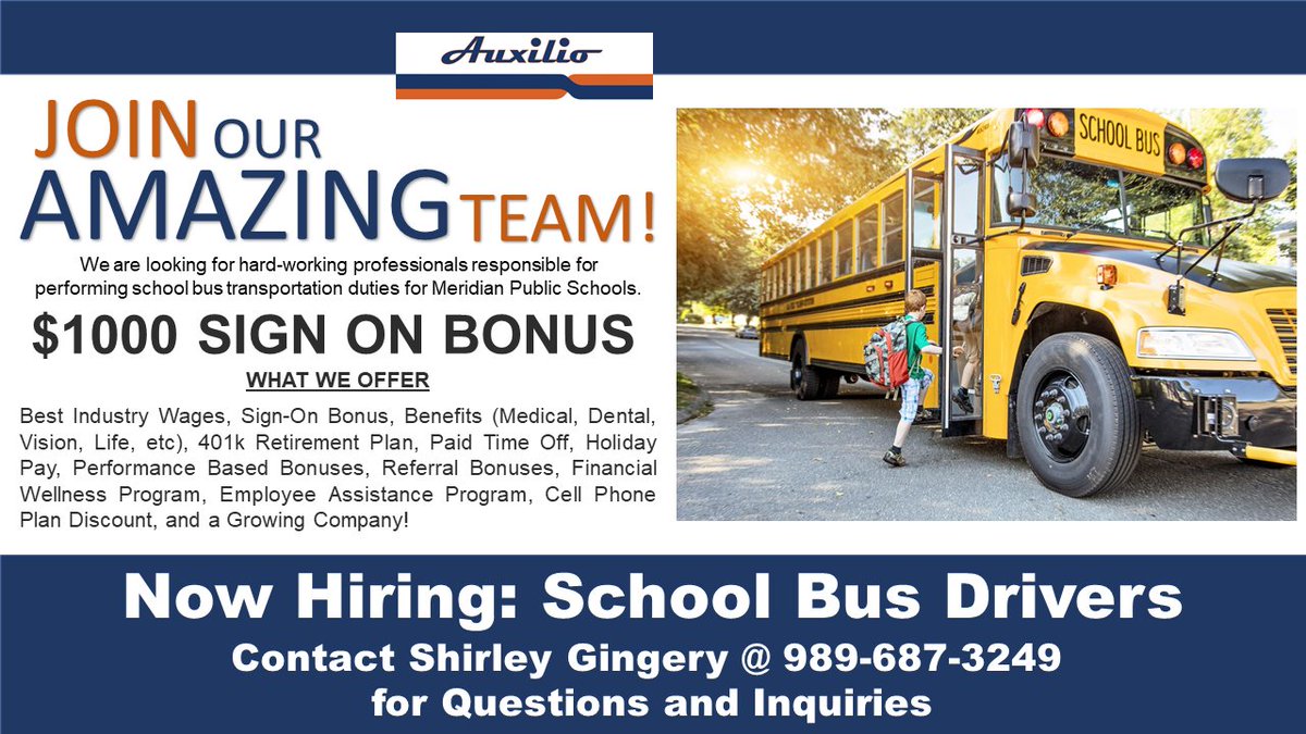 Meridian is looking for bus drivers! See the attached flyer below. Interested in driving for Meridian? Contact Shirley Gingery, Auxilio Transportation Manager, at 989-687-3249 for more information! #ReachHigher