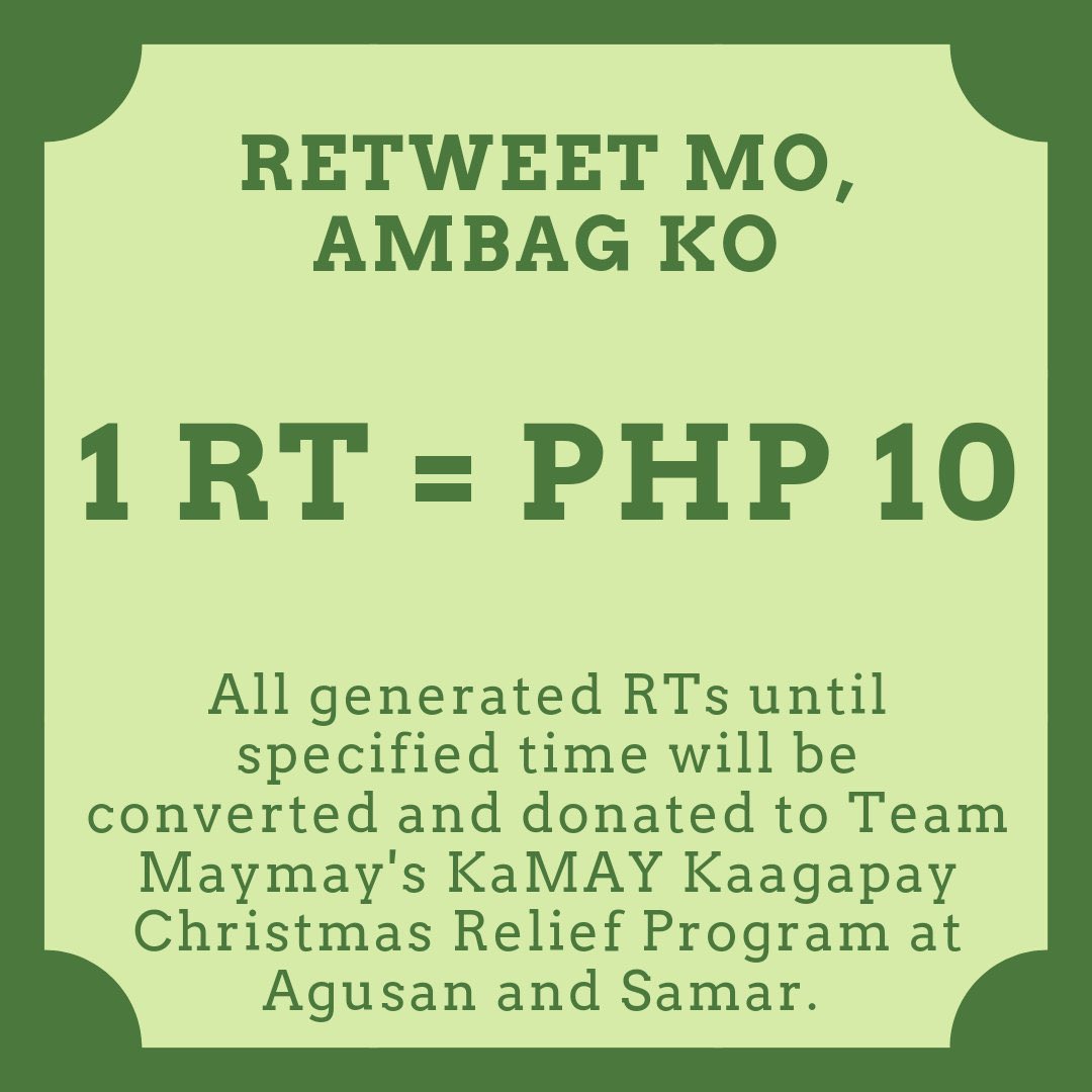 izzuuuhhh's tweet photo. 1 RT = 10 PHP
1 reply = 5 PHP
1 like = 1 PHP

Until 23rd December, 12AM UK time. All generated RTs, likes, and replies will be converted into donations for Team Maymay’s Christmas charity project. 

#MaymayEntrata @maymayentrata07 https://t.co/ASiFxnop9S