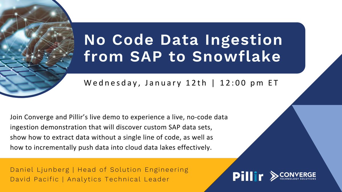 essextec's tweet photo. Join us on Wednesday, January 12th at 12:00 PM ET for our "No Code Data Ingestion from SAP to Snowflake - in 5 minutes!". 

Register here: https://t.co/fUpmVOhg88 https://t.co/6VNK0H3mvC