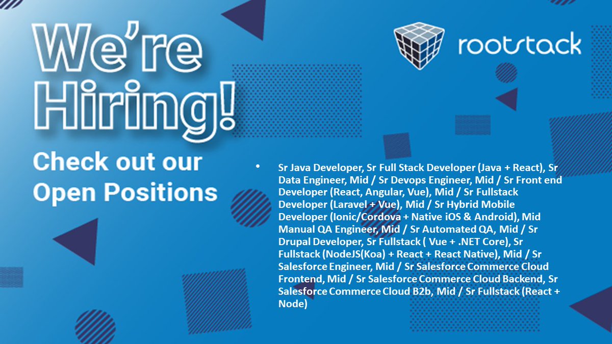 RootstackHR's tweet image. Merry Christmas 🎄 and a Happy New Year! 🎆 Start 2022 as part of a multicultural team of experts, where you can create the technologies of the present and the future.
Rootstack is looking for expert developers in the following technologies: