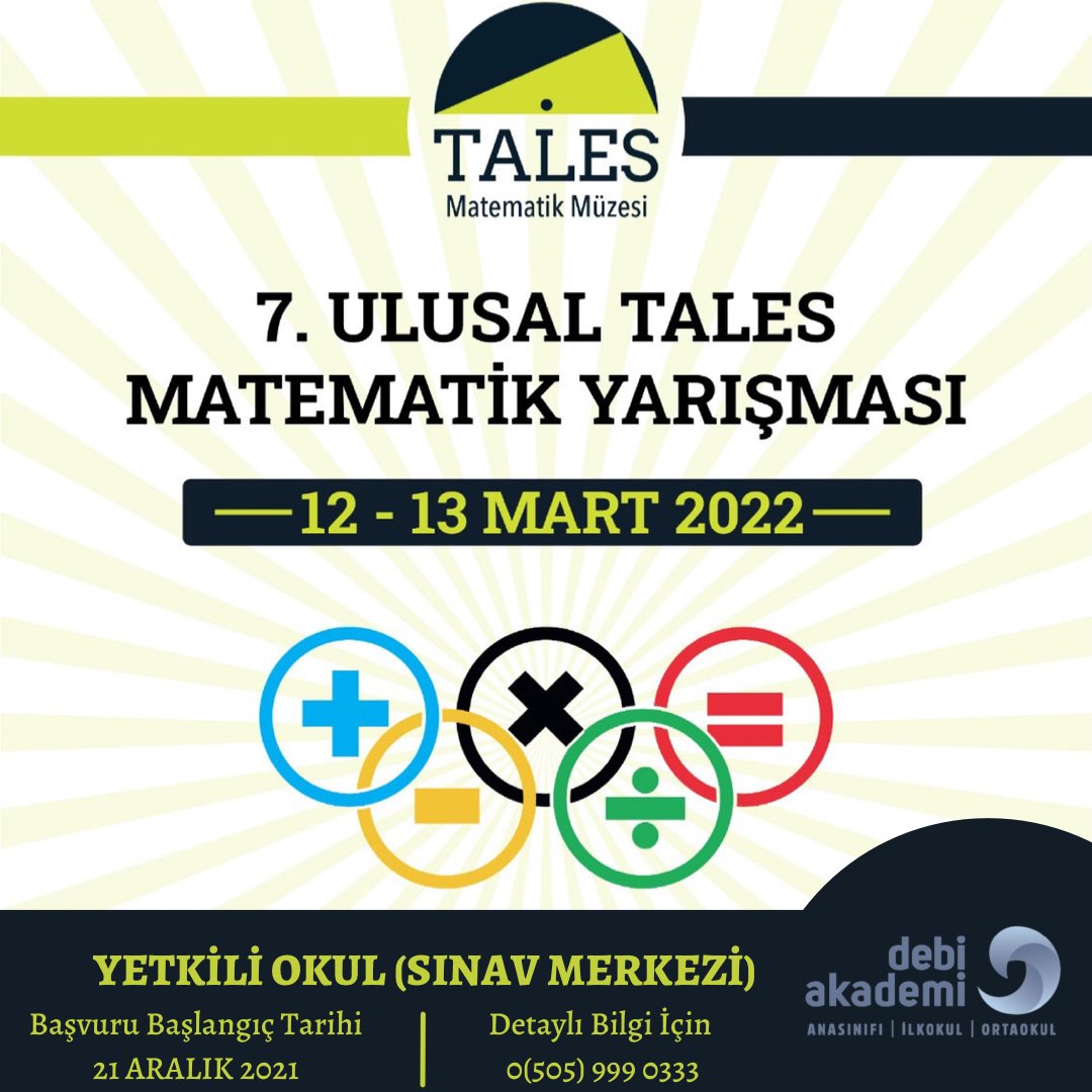 TALES MATEMATİK YARIŞMASI BİREYSEL BAŞVURULARI BAŞLADI! 📣

DEBİ AKADEMİ olarak yetkili okul olduğumuz ve bu yıl 7.si düzenlenecek olan TALES Matematik Yarışması’nın Bireysel Başvuruları başladı. ⏳

Büyük yarışmada yerinizi almayı unutmayın💪🏻

#Tales