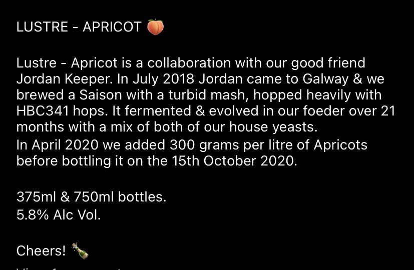 Released our last bottles of 2021 last week. Here is the first. 

Lustre - Apricot. 
Foeder Wild Ale aged on apricots. 🍻