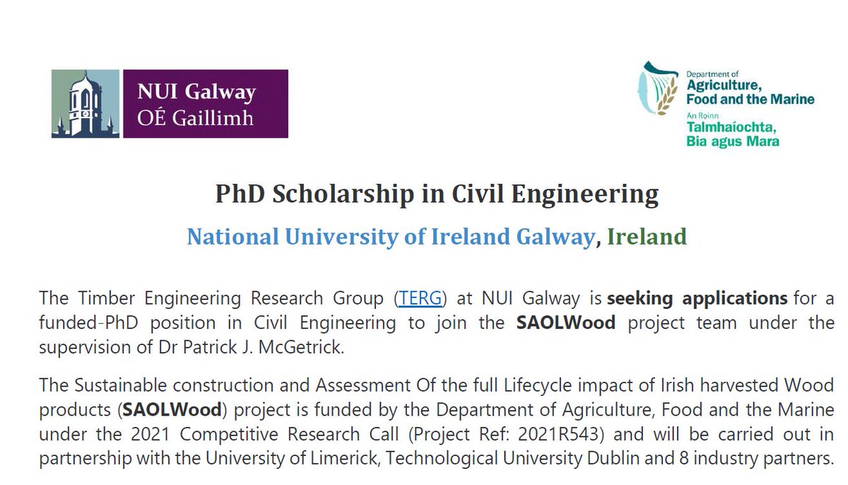 TERG_UniGalway's tweet photo. The #TERG Research Group currently has 2 #Research Vacancies: A #PhD research and #MEngSc position on topics focused on #sustainable #timber #construction
More details below:🌲🌍
https://t.co/tKLgEB8SX4 https://t.co/7Q5W8LPuFv