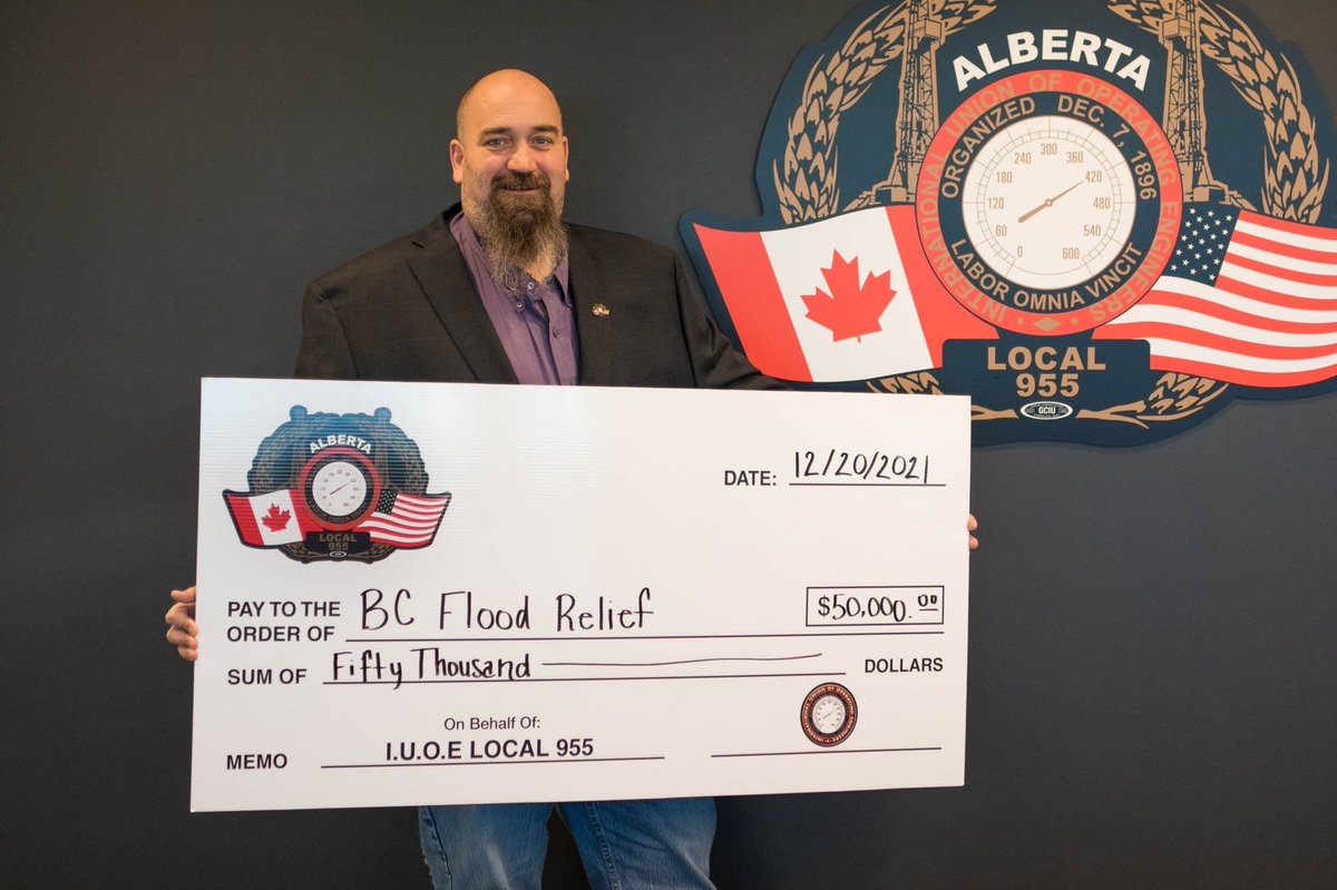 iuoe955's tweet photo. After talks with @iuoe115 Business Manager Brian Cochrane about the floods in BC, the Local 955 Executive was proud to approve a $50,000 donation to the Red Cross for flood relief. The BC Prov Govt and Fed Govt will match all donations until Dec 26, bringing our total to $150,000 https://t.co/3LFeouDzeA