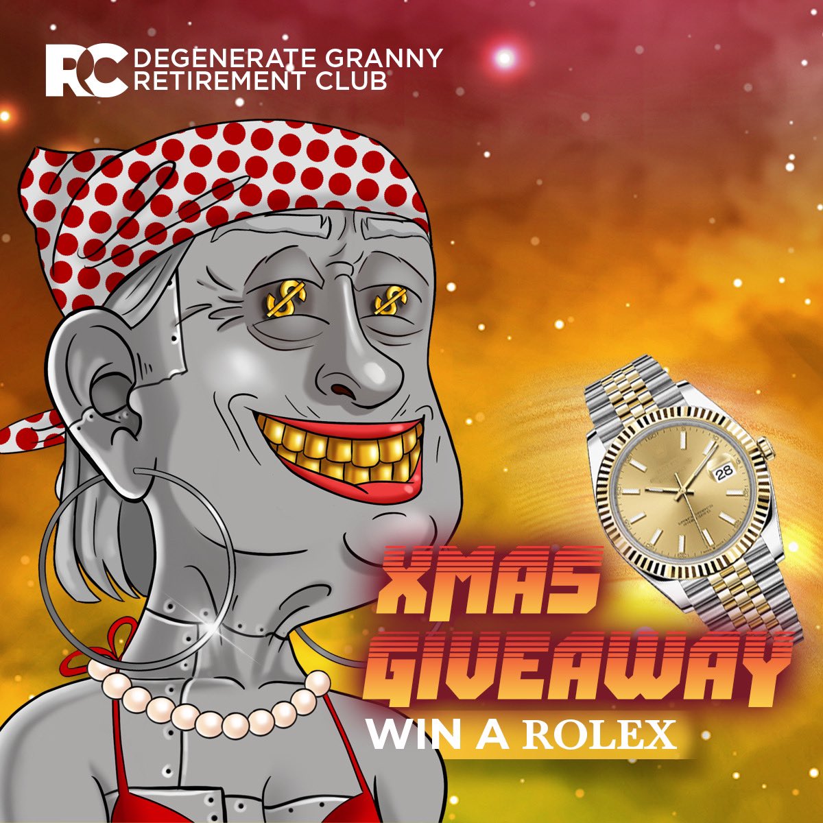 🎁ROLEX XMAS GIVEAWAY🎁🎄

We are giving away a Rolex to one lucky winner ahead of the mint which is today at 7PM EST 🔥

To enter: 
1️⃣follow <a href="/partygrandpanft/">Retirement Club</a> 
2️⃣❤️+ Tag 3 people 
3️⃣Join: discord.gg/TgEAQu7U3D

#getretired #degenerategranny #nfts #NFTGiveaway #nftart