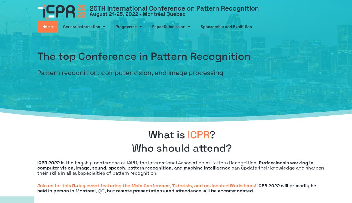 The paper registration deadline of the 25th International Conference on Pattern Recognition is Approaching. 

Deadline: January 10, 2022

More info: icpr2022.com

#MachineLearning #AI