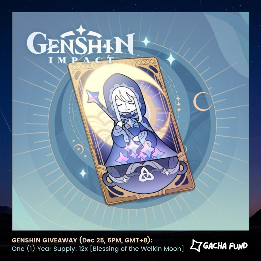 GachaFund's tweet photo. Hello, #genshintwt ! ♥ We're doing a giveaway!

You can win one (1) year's supply of:  [Blessing of the #Welkin Moon]!

We'll announce the winner on: 
Dec 25, 2021 6PM (GMT+8)

Join Here: https://t.co/oPHLKSXifg

Best of luck! :D 
#genshintwt #genshingiveaway #GenshinImpact https://t.co/6SgXXE5t5H