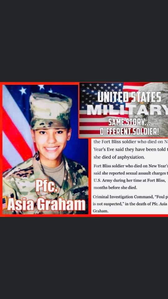 WomanistVeteran's tweet photo. #JusticeForAsiaGraham
Pfc Asia Marie Graham
Died at Fort Bliss after reporting Military Sexual Trauma/Assault.
30Dec2020 https://t.co/6Ur7n1WCgA