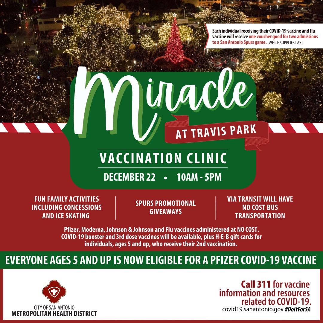 Join us tomorrow at Travis Park from 10am-5pm. A vaccination clinic of both COVID-19 and Flu Vaccines will be available. There will be fun for the entire family including concessions, and an ice-skating rink.