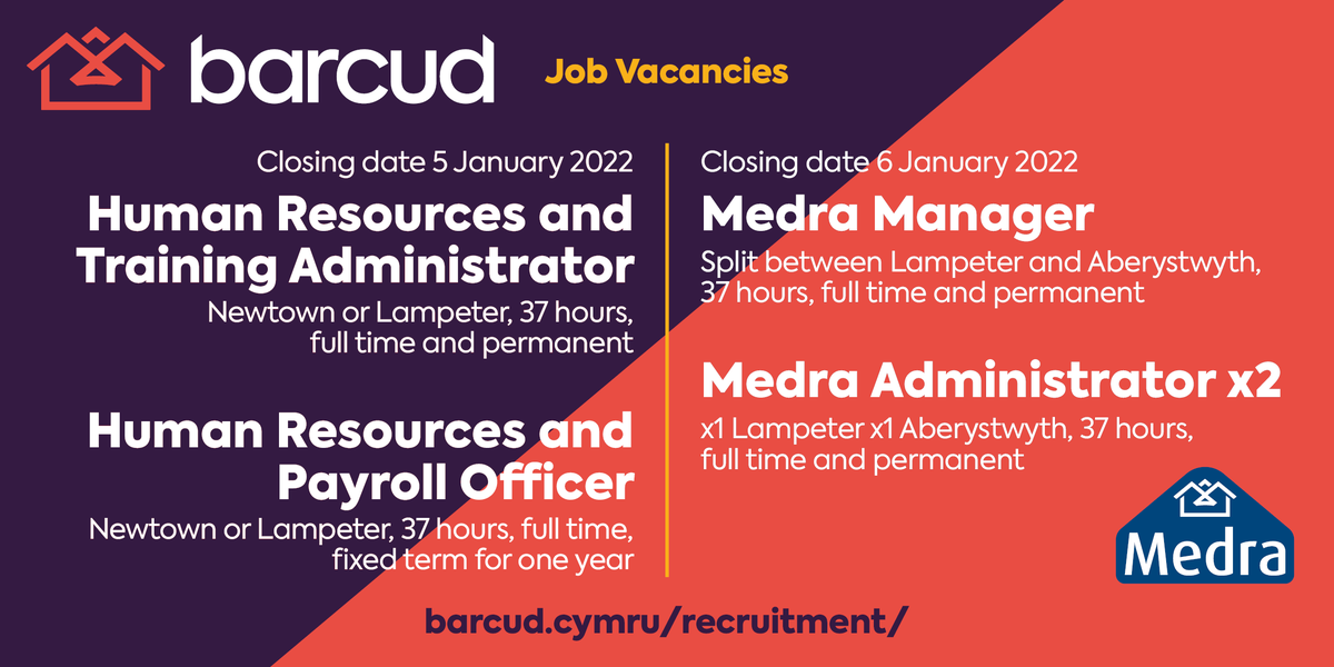 🔽CURRENT JOB VACANCIES🔽

Please see barcud.cymru/recruitment/ for more information.

#jobsinwales