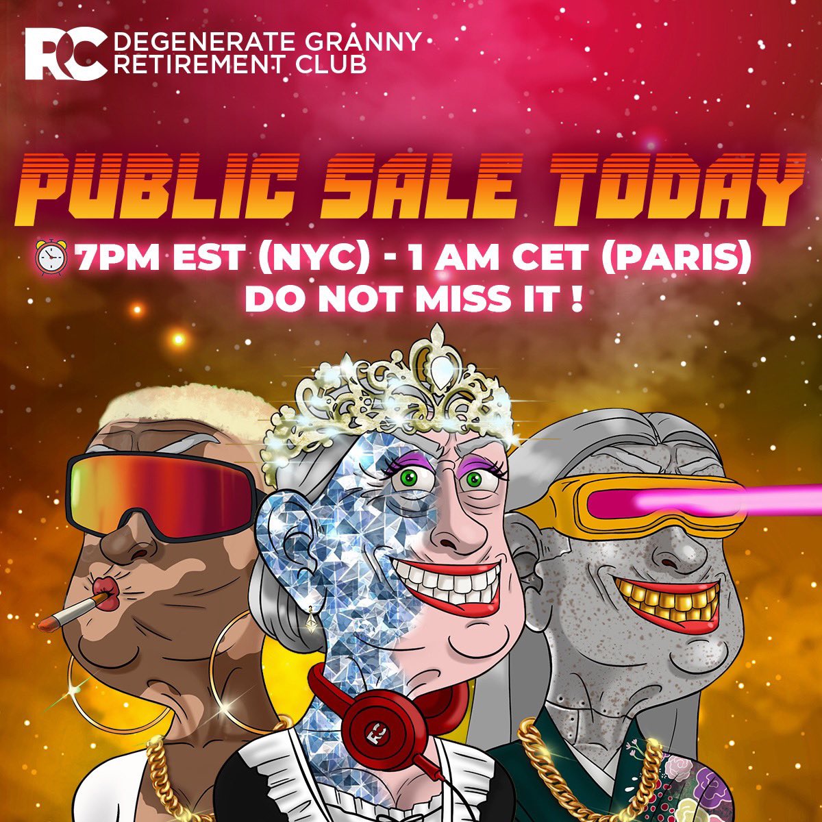 🔥PUBLIC MINT IS TODAY🔥

The degenerate granny’s are going live today at 7PM EST/ 1AM CET 

They are giving away one NFT to one lucky winner 🤩

To enter
1️⃣Follow <a href="/partygrandpanft/">Retirement Club</a> 
2️⃣RT +❤️+ Tag 3
3️⃣Join: discord.gg/TgEAQu7U3D

💫 72h

#getretired #degenerategranny #nfts #NFT