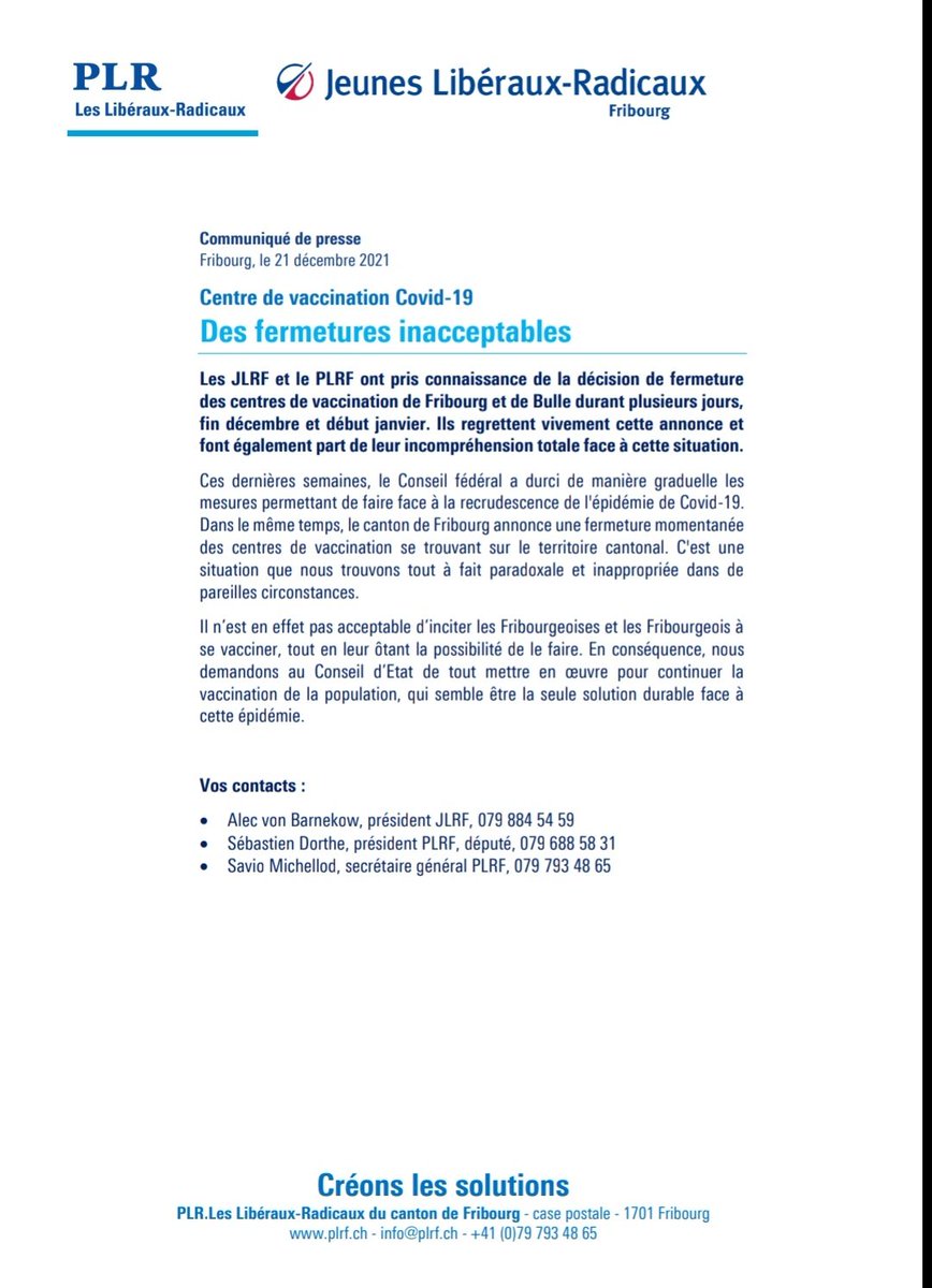 La fermeture des centres de vaccination Fribourgeois durant quelques jours est un acte totalement insensé face à l'aggravation de la situation sanitaire.

La Direction de la santé doit revenir sur sa décision.