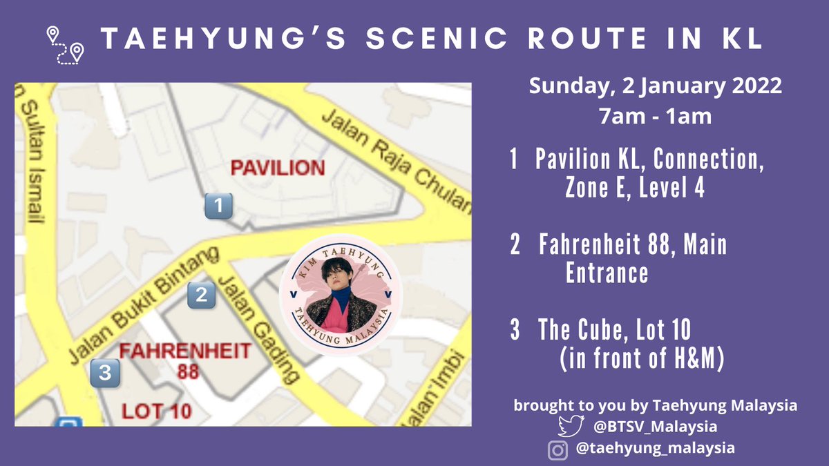 BTSV_Malaysia's tweet photo. ♡ 𝗧𝗔𝗘𝗛𝗬𝗨𝗡𝗚 𝗠𝗔𝗟𝗔𝗬𝗦𝗜𝗔 𝗩𝗗𝗔𝗬 𝗕𝗜𝗟𝗟𝗕𝗢𝗔𝗥𝗗 𝗣𝗥𝗢𝗝𝗘𝗖𝗧𝗦 ♡
Taehyung's Scenic Route in KL

We've arranged 3 LED ads at prime KL locations as shown in poster. All video come with V's songs edited by @vanteedit. Do tag us in your tweet/IG if you go see them https://t.co/XtU7Ywnzxz