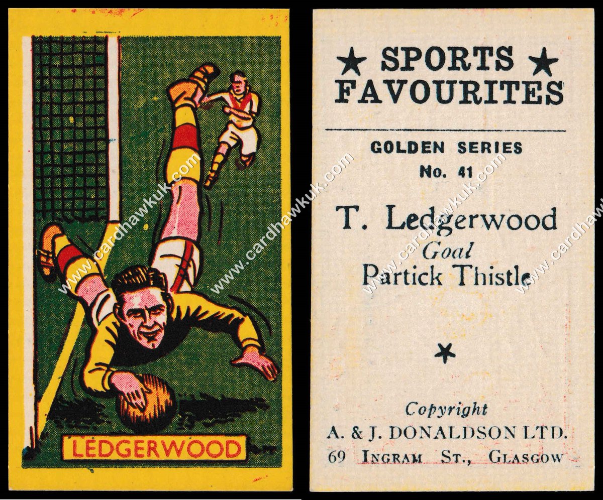 CardhawkUK's tweet photo. Partick Thistle's Tom Ledgerwood  shown on 1950's A&amp;J Donaldson (Glasgow) "Sports Favourites - Golden Series" card. Ledgerwood made a total 338 appearances in nets for the Jags. Card #41 in a series of 64. https://t.co/yXhOadbV8x