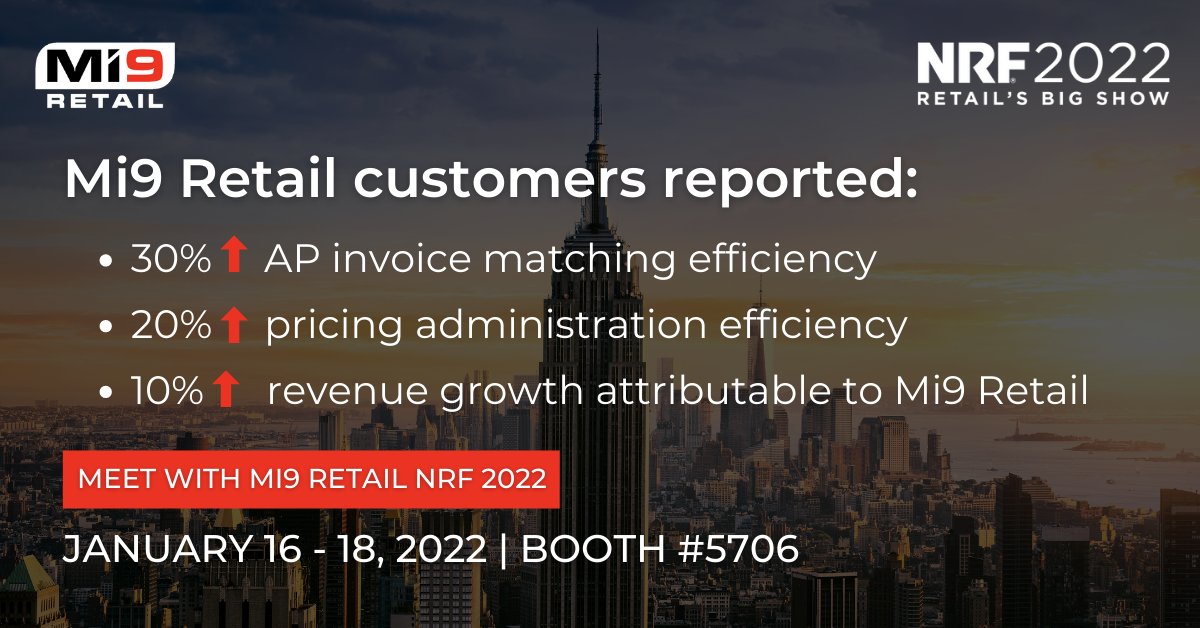 Mi9Retail's tweet photo. In a study w/ Hobson &amp; Co., our customers reported increases in A/P invoice matching efficiency, pricing administration efficiency, &amp; revenue growth attributable to Mi9.

Meet w/ us at #NRF2022 &amp; learn how our solutions drive significant KPI improvements: https://t.co/KqH4FGZwVR https://t.co/ipRPrptYcd