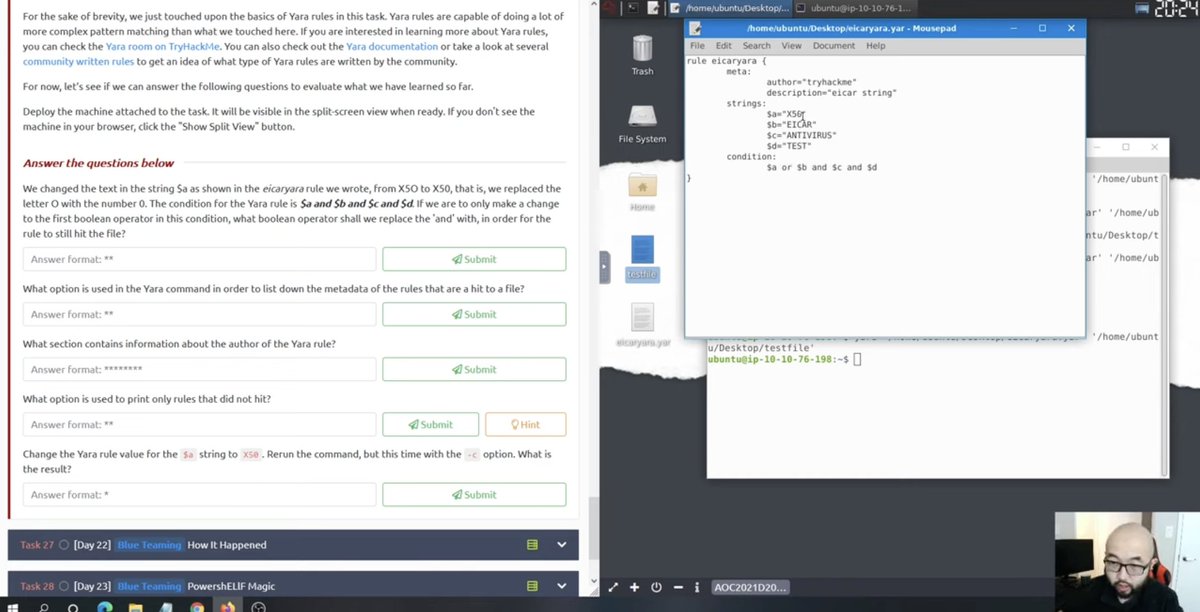 tryhackme's tweet photo. Advent of Cyber, Day 21 is LIVE! 🔎🪲

🎄 Learn what Yara rules are
🎄 Understand the basic structure of rules
🎄 Practice writing a Yara rule
🎄 Identify how &amp; when Yara rules are used

Can you help remove malicious files from a network using Yara?

https://t.co/CRzheuVeQY https://t.co/wOAEn2a3Xf