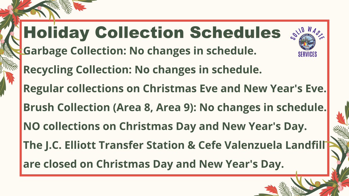 cityofcc's tweet photo. Our team over at Solid Waste Services would like to remind you about its Holiday Collection Schedules. Check out the 2021 Customer Guide for more information: https://t.co/TiLxb3vdmc
#RecycleClean #RecycleRightCC https://t.co/sEXdohPp7L