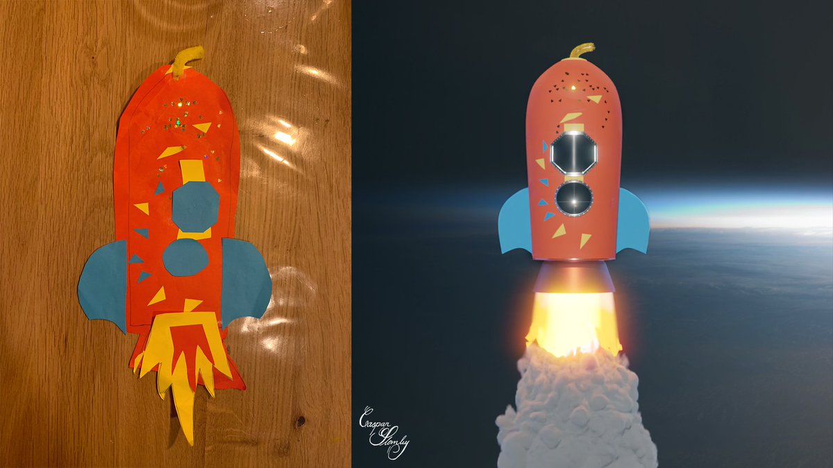 Caspar_Stanley's tweet photo. "If my crafted rocket doesn't come to life, then we're really unlucky" said @ImperatorBaum's 4-year-old son... 

Guess who's in luck then! I thought this was just absolutely lovely, and I had a ton of fun with it! 🚀 Hope you like it buddy! 🤩
#KidsDrawRockets https://t.co/8xoCVN59eD