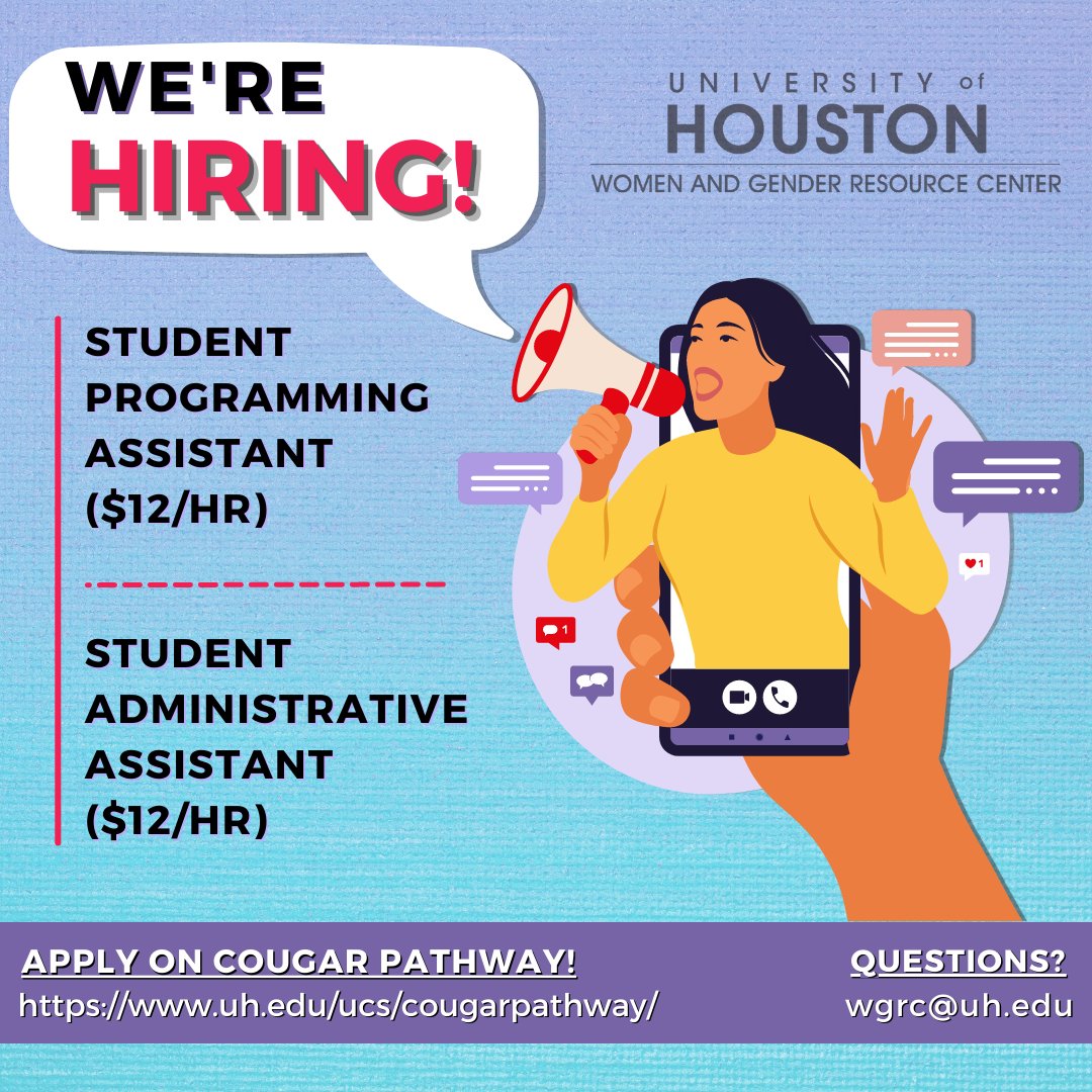UHWGRC's tweet photo. COLLEGE WORK STUDY STUDENTS: Apply to join the WGRC team this SPRING!

Make an account with Cougar Pathway to submit your application: https://t.co/nqAKUSfW6c

#universityofhouston #gocoogs #uofh https://t.co/Sj7UvgiYCg