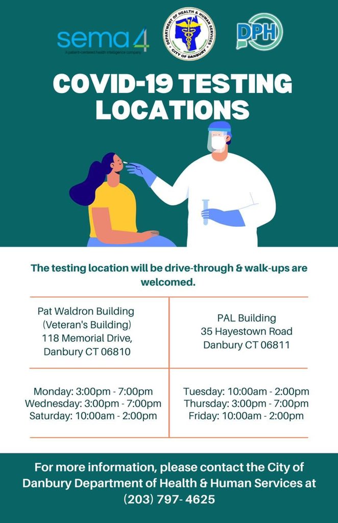 SenatorJulie's tweet photo. A good opportunity to test for COVID-19 before the holidays! See the times below in Danbury. https://t.co/eLutoBABGL