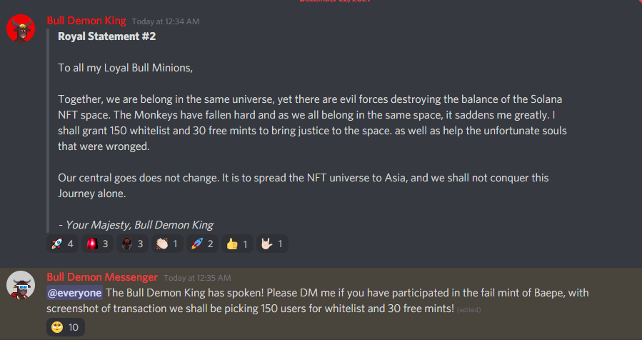 BullEmpireNFT's tweet photo. The Bull Demon King has spoken 👀
Free Mint for those who lost Solana in the debacle  
https://t.co/Nyh165quKj

#baepes #solana #SolanaNFT #freemint #nftgiveaway #monkeykingdom https://t.co/CyXQxIrkpM