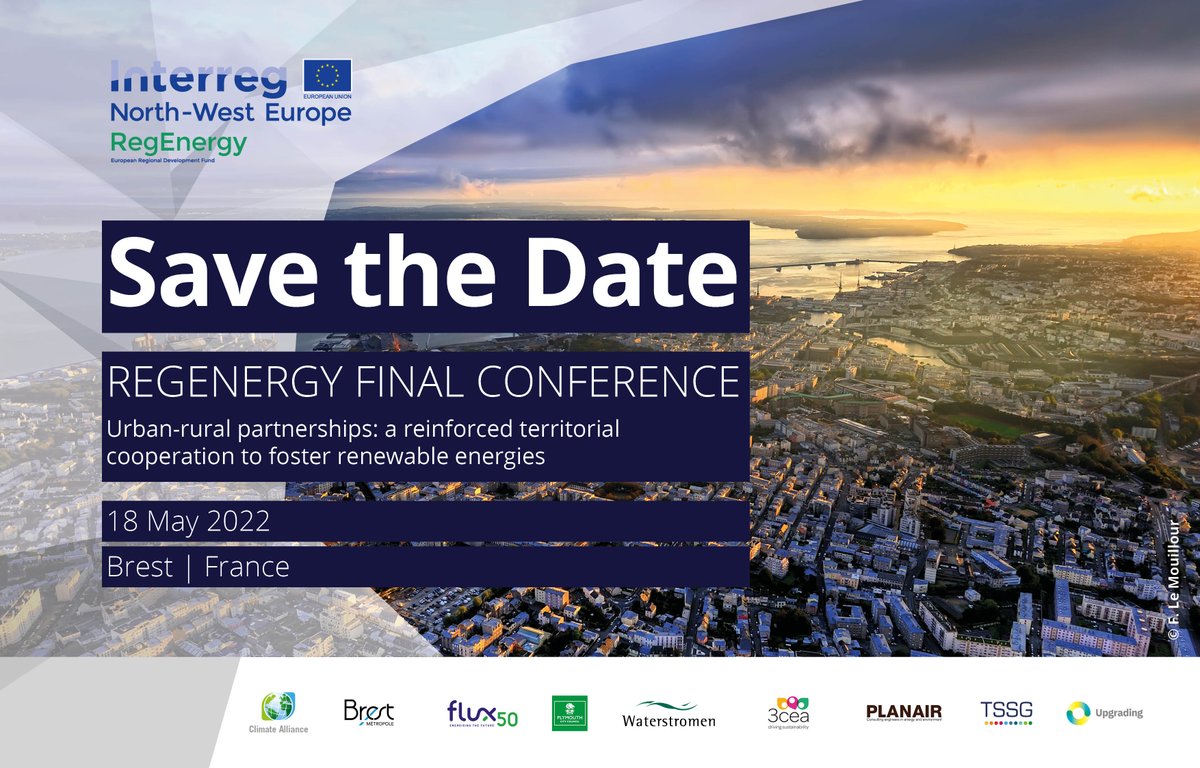 📣 Save the Date for the #RegEnergy Final Conference in @BrestFr with <a href="/ClimateAlliance/">Climate Alliance</a>, @Flux50, <a href="/plymouthcc/">Plymouth City Council</a>, <a href="/waterstromenBV/">Waterstromen B.V.</a>, @3CEAgency, Planair, <a href="/waterfordit/">OConnellSchool</a> and Ormonde Upgrading Limited on 🗓 18 May 2022! 

🔜 More details coming early next year.