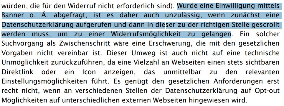 Wie muss der #Widerruf einer #Einwilligung aussehen, wenn die Einwilligung über einen #Cookie-Banner eingeholt wurde?

-> Die DSK will der in der Praxis gängigen Vorgehensweise einen Riegel vorschieben:

datenschutzkonferenz-online.de/media/oh/20211…, S. 18