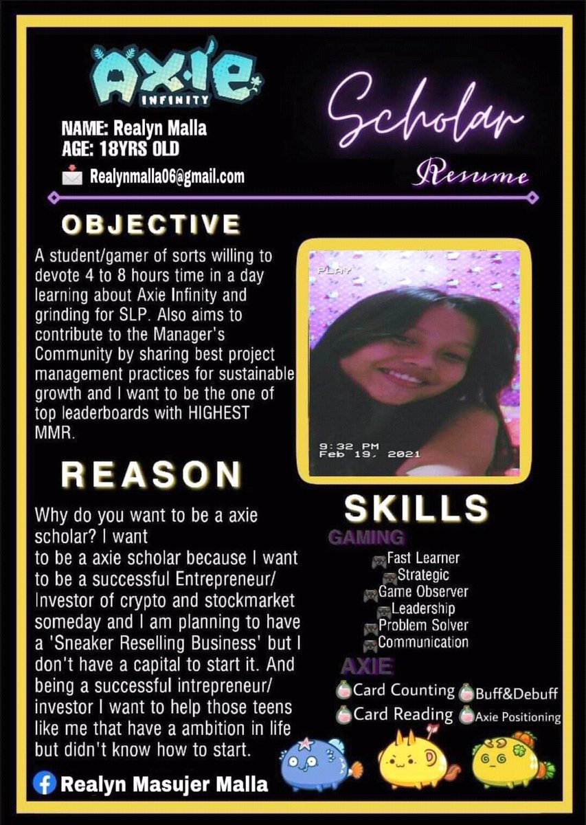 RealynMalla's tweet photo. @0xEEZY ✅competitive gamer
✅experience pro gaming here in PH🇵🇭 and have some achievements
✅experience playing axie infinity + average of 185slp a day
✅S19 RBP termi user 1.7k mmr https://t.co/T9uo1g7Tit