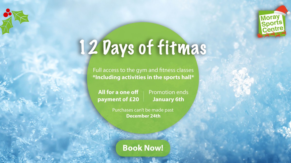 For the ‘12 days of fitmas’, my true love gave to me… Access to Moray Sports Centre for only £20! From now until Christmas Eve you can purchase 12 uses of our fitness facilities, classes &amp; gym for only £20. The 12 uses can be redeemed any time between now &amp; the 6th January 2022.