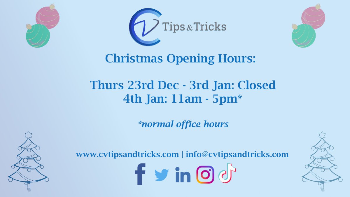 CVTipsAndTricks's tweet image. What a fantastic year it&apos;s been, but it&apos;s time for a much needed break. We hope you all have a fantastic Christmas and we&apos;ll see you in the New Year!

#cvtipsandtricks #christmas2021 #HappyNewYear