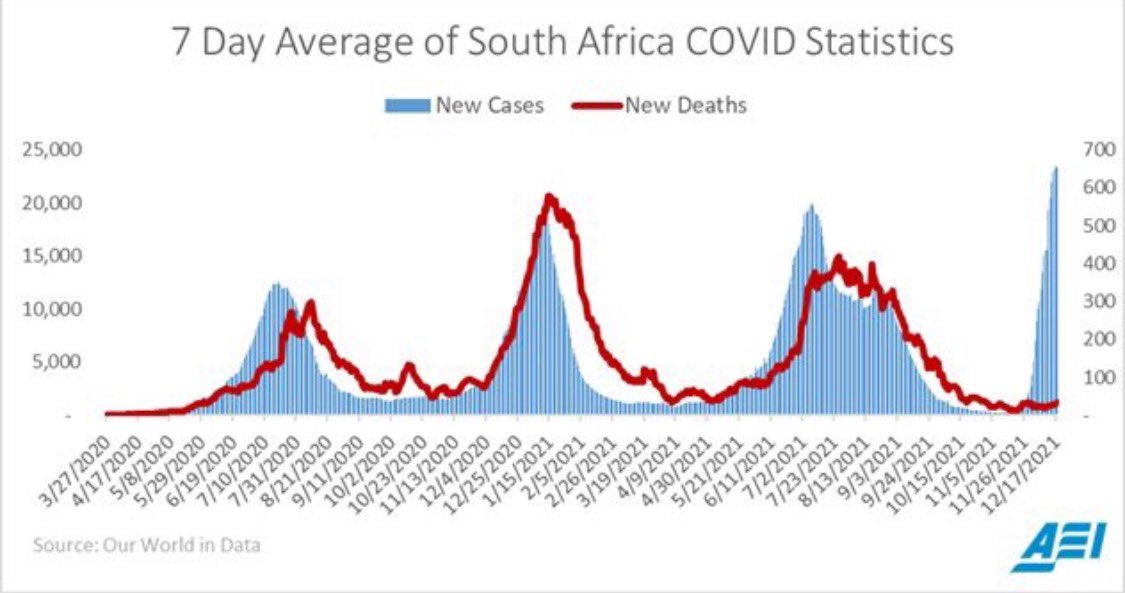 humankarp's tweet photo. Best chart I have seen on Omicron behaving more like a cold. Massive case spike with no new deaths. https://t.co/qkIffCRuNo