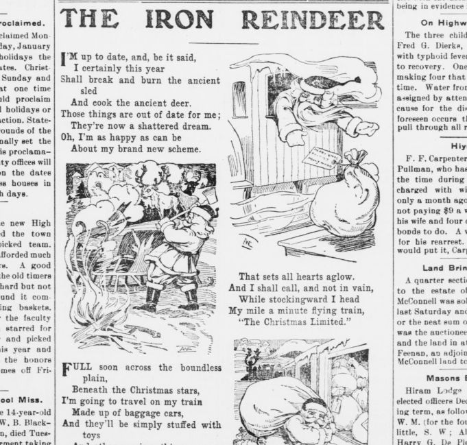 WAStateLib's tweet photo. #ChronAmParty #ElfIssues #WaDigiNews 🎅📰
The Iron Reindeer as seen in The Colfax Gazette on Dec. 23, 1910.
https://t.co/McUlVHKRRT https://t.co/ylqi1ltVhb