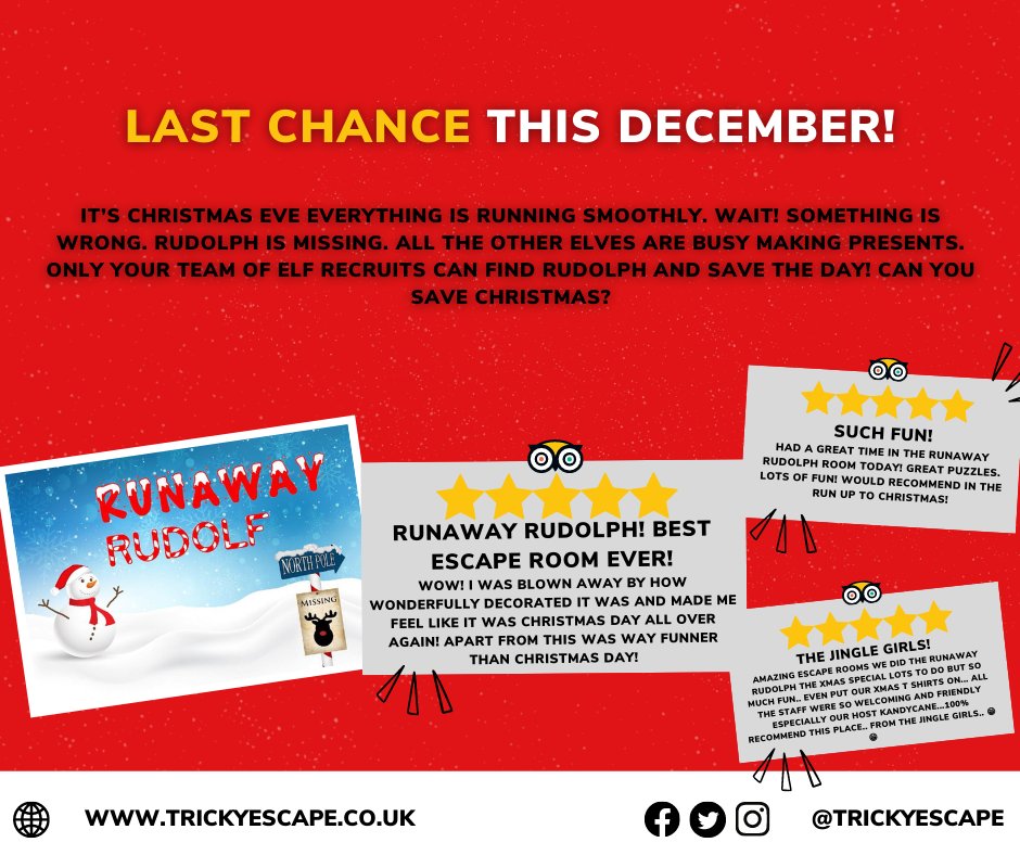 CluetopiaRooms's tweet photo. Only a few days until Christmas! Sadly, this is the last Christmas to experience Runaway Rudolph! So make sure to get booked in so you can play before its too late! 🥳- https://t.co/W97Qx7DKaT 
-
-
-
#trickyescape #escaperoom #christmas #fun https://t.co/23zjIir83e